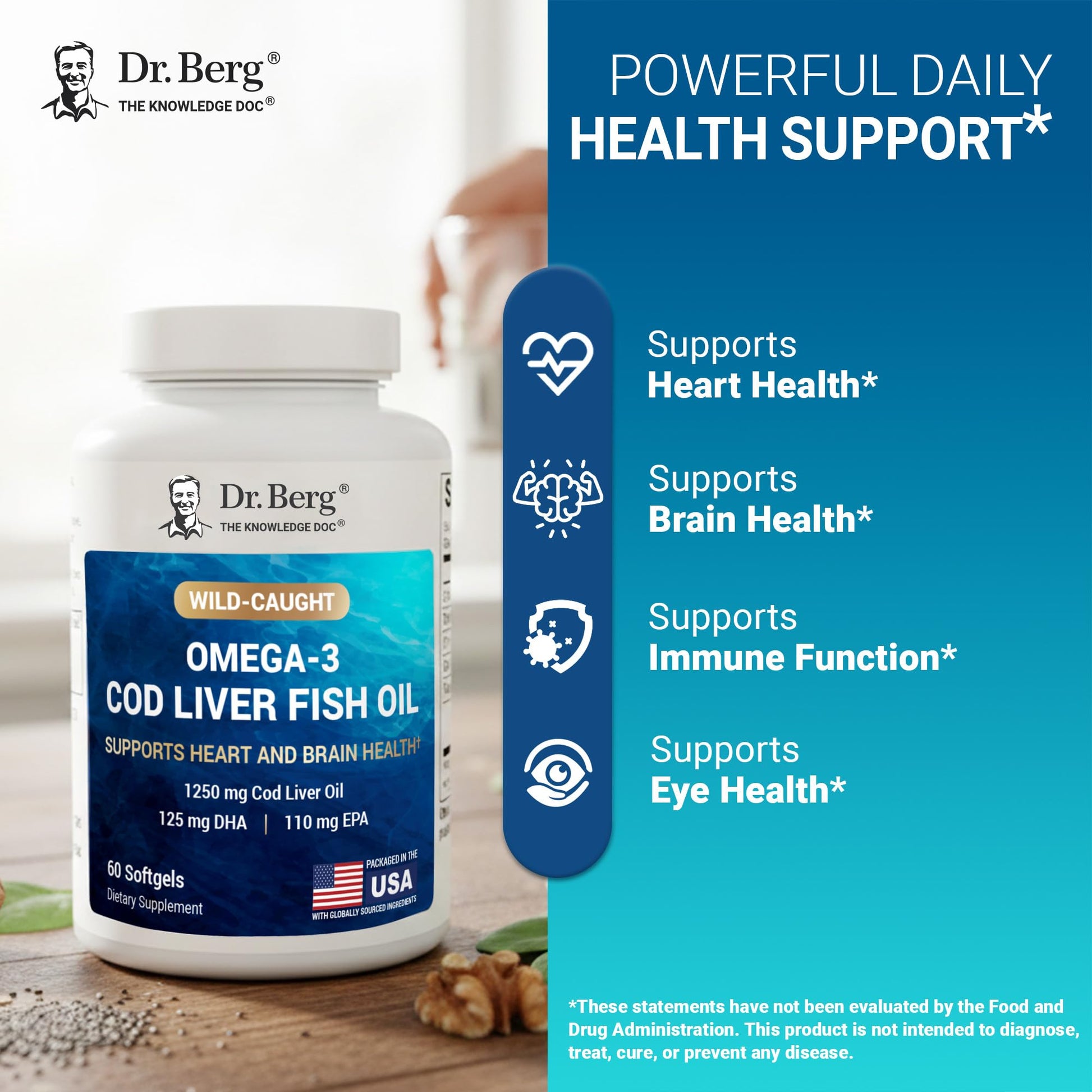Dr. Berg Omega-3 Cod Liver Fish Oil 60 Softgels – Wild-Caught Icelandic Cod – Omega 3 EPA & DHA – Heart, Brain, Immune & Eye Support* – Lemon Flavor – 4X Lab-Tested – Non-GMO, No Fillers Dr. Berg NutritionalsBuy Supplements Australia