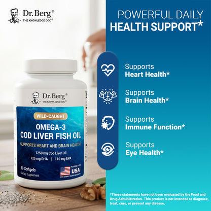 Dr. Berg Omega-3 Cod Liver Fish Oil 60 Softgels – Wild-Caught Icelandic Cod – Omega 3 EPA & DHA – Heart, Brain, Immune & Eye Support* – Lemon Flavor – 4X Lab-Tested – Non-GMO, No Fillers Dr. Berg NutritionalsBuy Supplements Australia