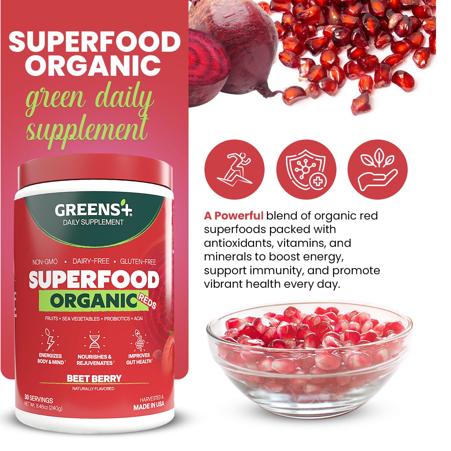Greens+ Organic Reds Superfood Powder, Antioxidant, Polyphenol, Blend for Morning Kick, Energy, Vitality Boost, Nutrition, Vibrant Health, Vegan Soy/Dairy/Gluten Free(8.46oz) Greens+Buy Supplements Australia