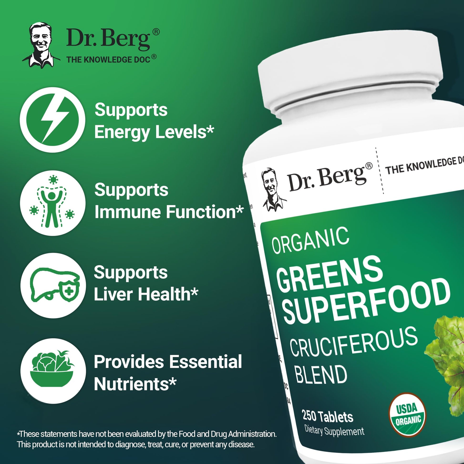 Dr. Berg's Greens Superfood Cruciferous Vegetable Tablets - Vegetable Supplements for Adults w/ 11 Phytonutrient Super Greens Tablets - Energy, Immune System & Liver Veggie Tablets - 250 Tablets Dr. Berg NutritionalsBuy Supplements Australia