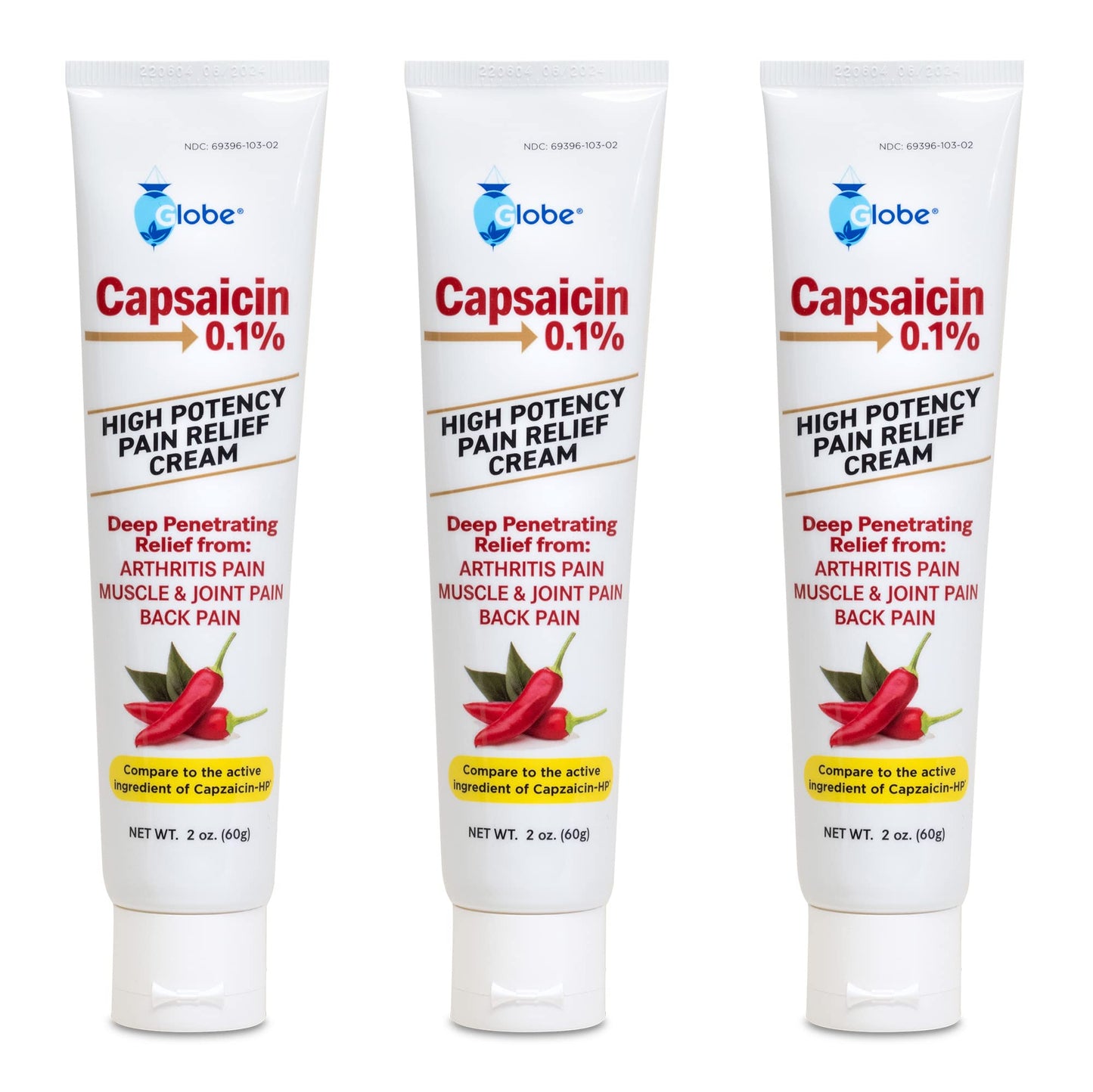 Globe (3 Pack) Capsaicin 0.1% High Potency Pain Relief Cream, Unscented (2 oz) Deep Penetrating Relief from: Arthritis, Muscle, Joint and Back Pain GlobeBuy Supplements Australia
