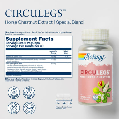 SOLARAY Circulegs - Herbal Supplements for Wellness Support w/Horse Chestnut Extract and Vitamin C, Plus Gotu Kola, Flavonoids, Hesperidin Blend - Vegan, Gluten Free, 60-Day Guarantee - 30 Servings SOLARAYBuy Supplements Australia
