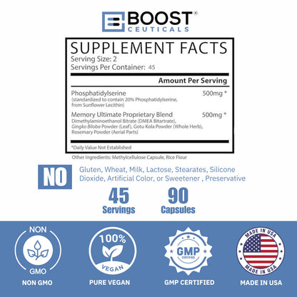 BoostCeuticals Phosphatidylserine 100mg with Ginkgo DMAE Gotu Kola - Memory, Stress & Cortisol Support, Cognitive Focus, Sleep Health, Brain Function Supplement, 90 Capsules BoostCeuticalsBuy Supplements Australia
