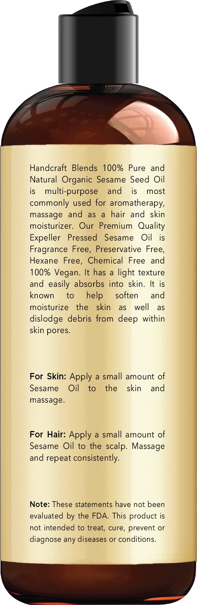 Handcraft Blends Organic Sesame Oil for Skin and Hair 8 oz - 100% Pure and Natural - Premium Handcraft BlendsBuy Supplements Australia