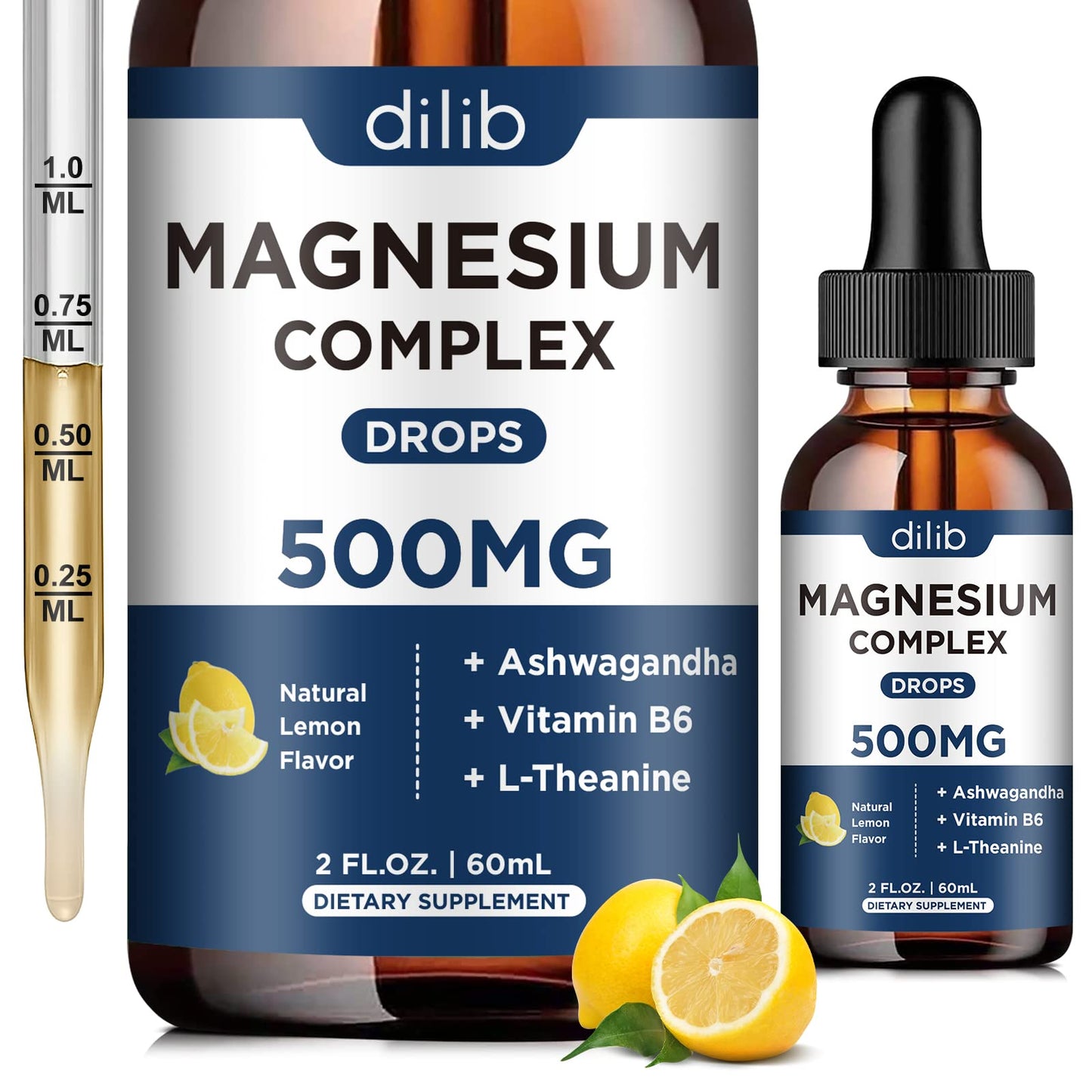 Magnesium Glycinate Liquid Drops, Triple Magnesium Complex Supplement with Citrate, Malate 500mg Ashwagandha, L-Theanine, Vitamin B6 for Sleep, Calm, Stress Relief, Bone, Muscle, Mood - Lemon Flavor dilibBuy Supplements Australia