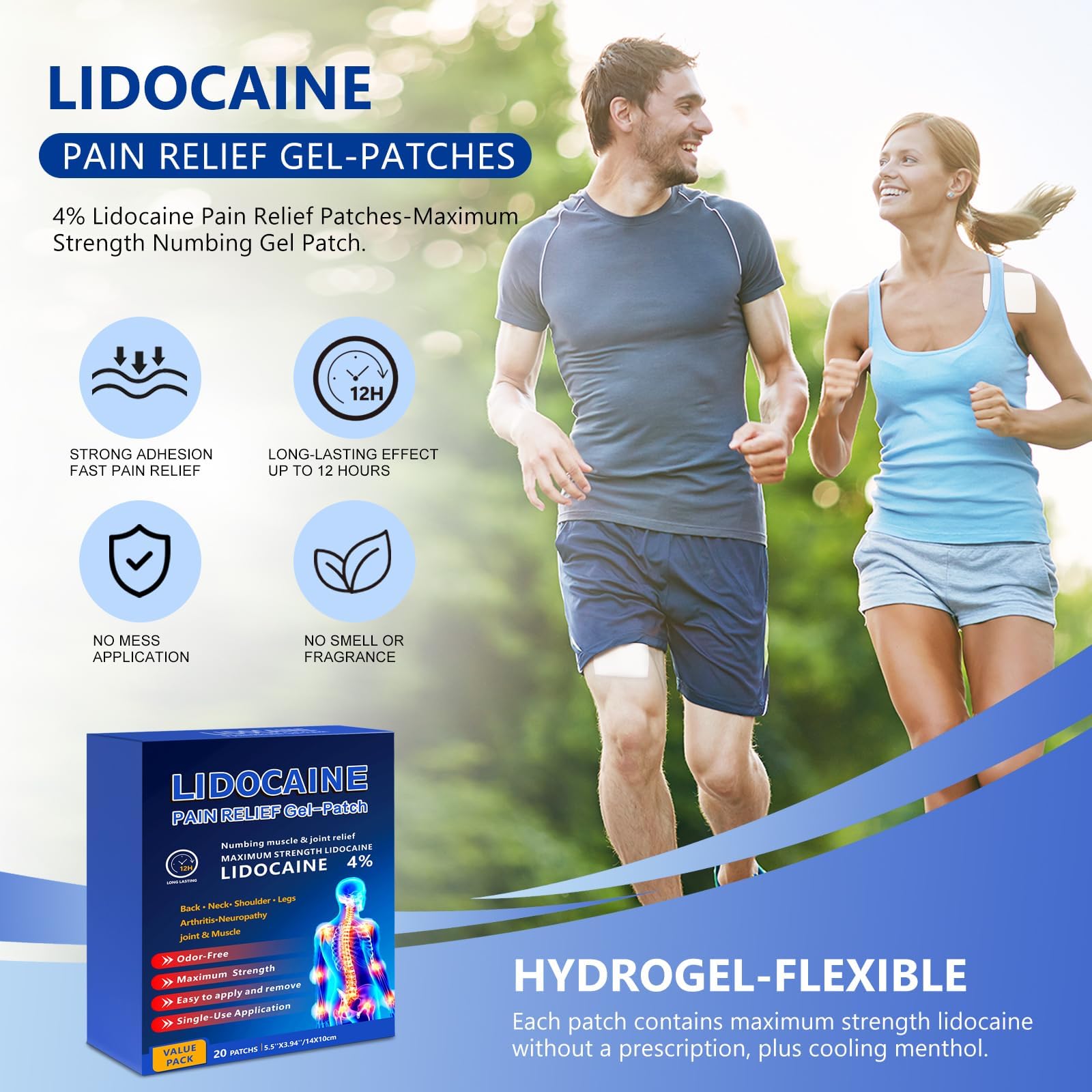 KIbabyDI Professional Lidocaine Pain Relief Patches - 20 Count | 4% Medicated Gel Patches for Targeted Joint & Muscle Comfort | Long-Lasting 12-Hour Relief, Ultra-Flexible Design -lb234 KIbabyDIBuy Supplements Australia
