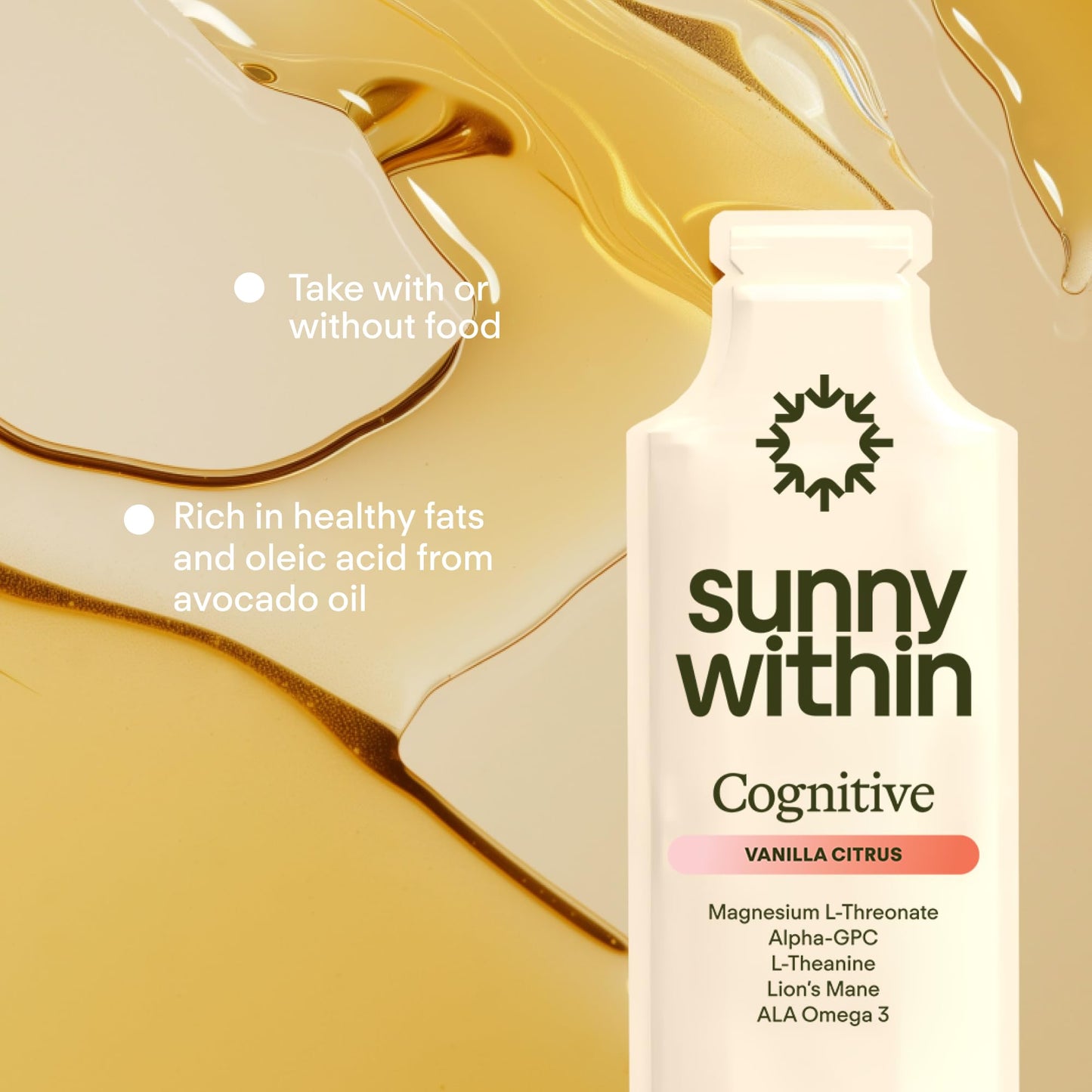 Sunny Within - Brain Health Supplement - Magnesium L-Threonate from Magtein®, Lion’s Mane, Alpha GPC, L-Theanine, ALA & Avocado Oil - Focus, Mood & Memory Support* - 30 Daily Vegan Pouches Sunny WithinBuy Supplements Australia