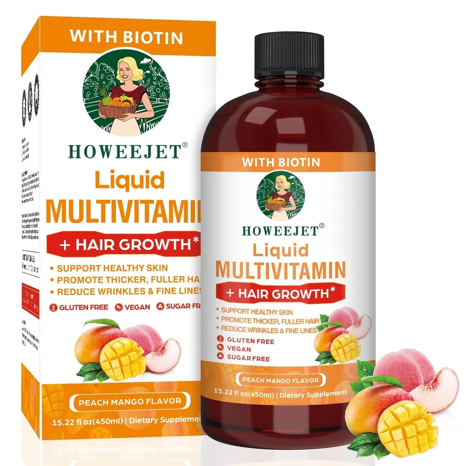 Liquid Multivitamin for Hair Growth | Biotin 10000mcg | Hair & Skin Support Supplement | Clinically Tested for Thicker Hair & Skin Elasticity HOWEEJET