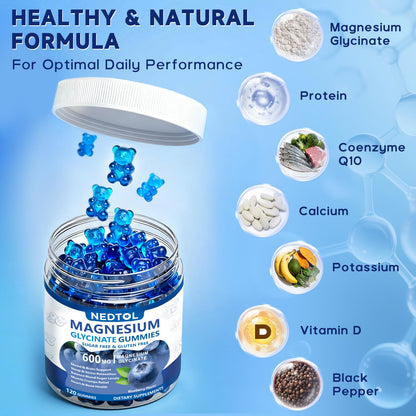 Nedtol Magnesium Glycinate Gummies 600mg, Sugar Free Magnesium Potassium Supplement for Adults with Magnesium L-Threonate, Vitamin D, B6,and CoQ10 for Sleep, Body Support and Relaxation,120 Count NedtolBuy Supplements Australia