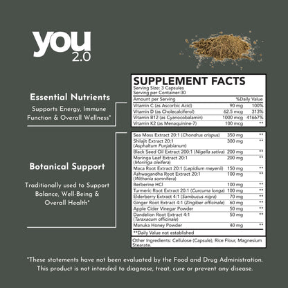 YOU 2.0 Powerhouse Superfood with Seamoss, Shilajit, Ashwagandha, Berberine, Maca, Black Seed Oil, Turmeric, Vitamin C, D, B12, K2 - Moringa, Apple Cider, Made in USA for Overall Health & Immunity YOU 2.0Buy Supplements Australia