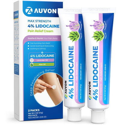 AUVON Max Strength Lidocaine Pain Relief Cream with Lavender & Aloe Vera, Numbing Cream for Minor Arthritis Pain, Soothing Muscle for Neck, Shoulder, Hip, Knee, Joint and Back Pain, 2 Oz, 2 Packs AUVONBuy Supplements Australia