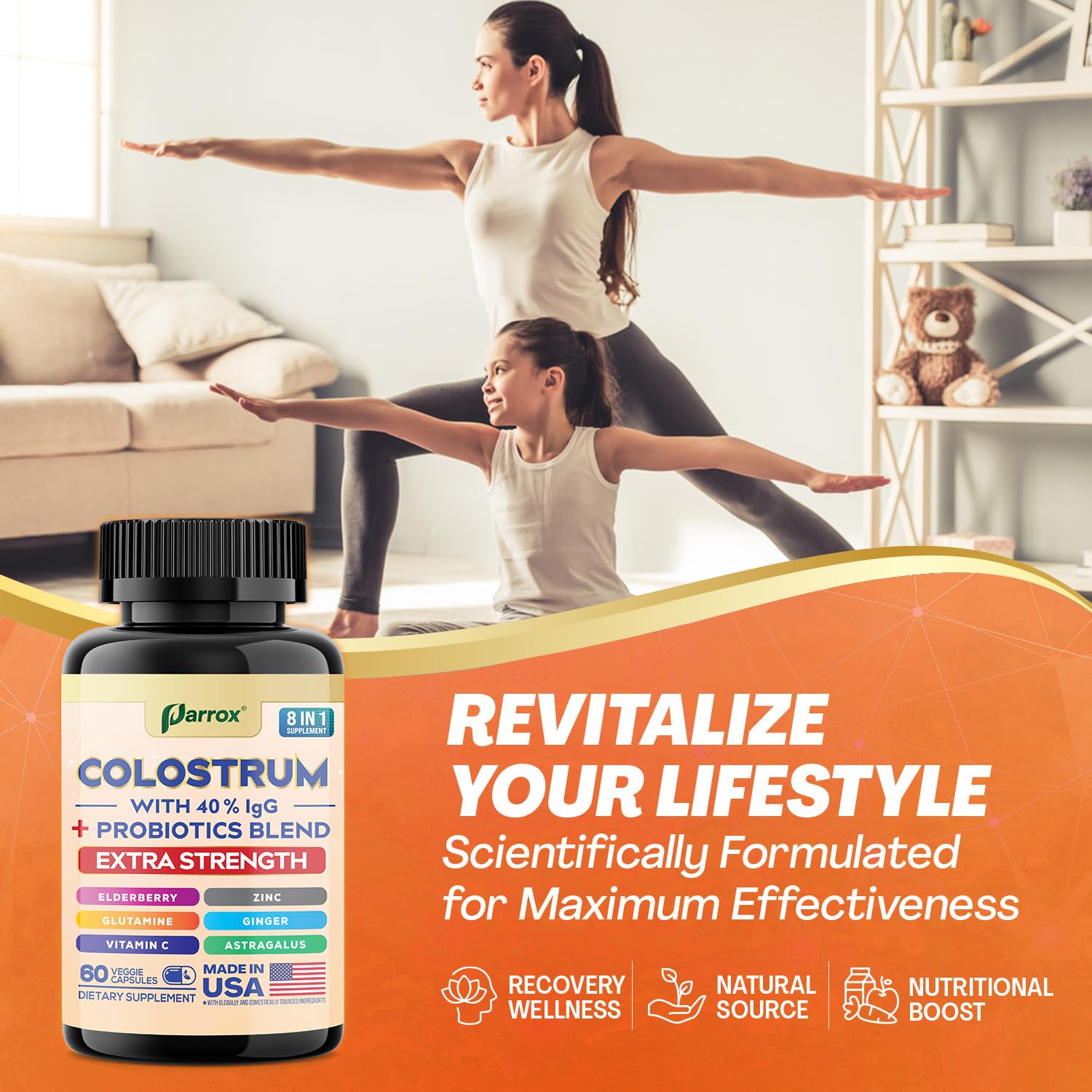 Parrox Colostrum Supplement Capsules, Grass Fed Cow Colostrum with 40% IgG, Probiotics Blend, Elderberry, Astragalus, Zinc, Ginger, Vitamin C, L-Glutamine, 8 in 1 Extra Strength Bovine Boost (60 Caps) ParroxBuy Supplements Australia