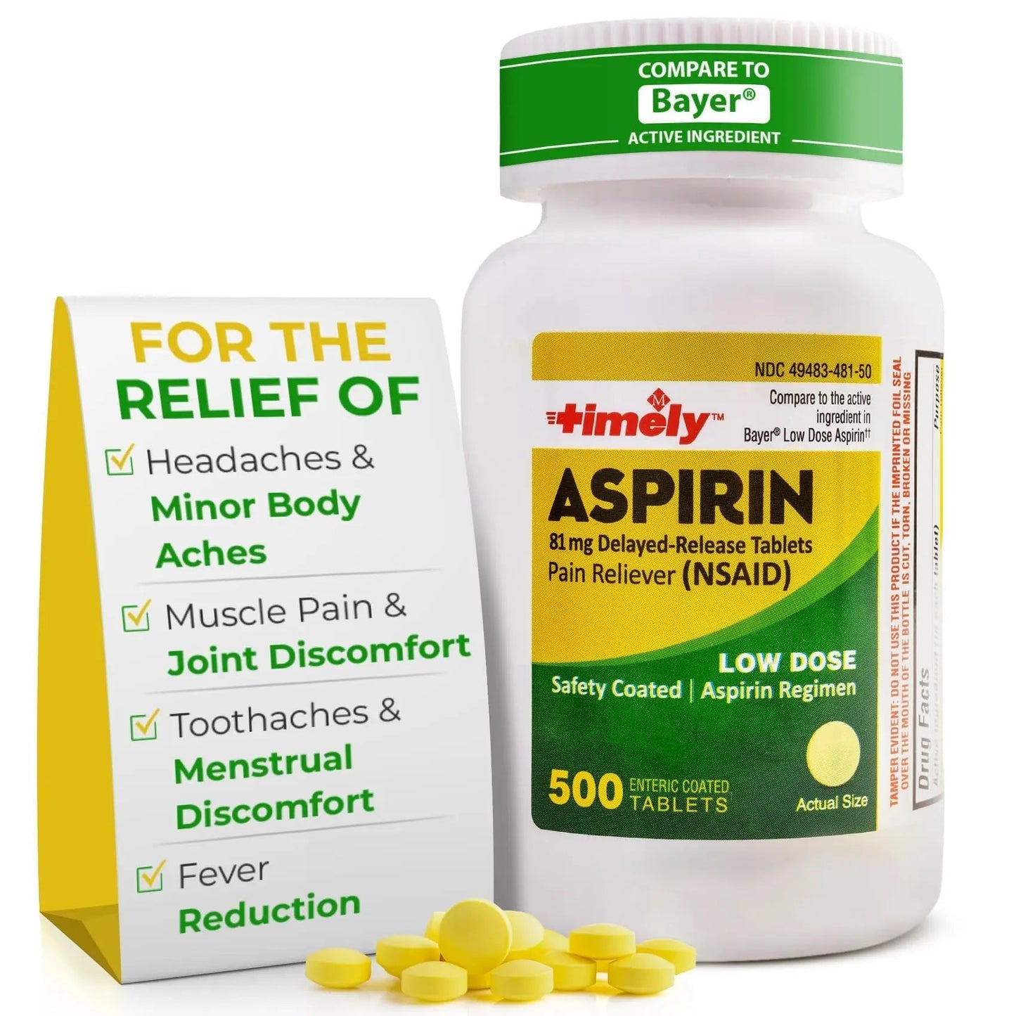 TIME-Cap Labs 500 Tablets Low Dose Aspirin 81mg Enteric Coated - NSAID Pain Reliever & Fever Reducer for Adults, Helps with Minor Aches, Headaches, Muscle Pain, Toothaches, and Joint Discomfort TIME-CAP LABS, INC.Buy Supplements Australia
