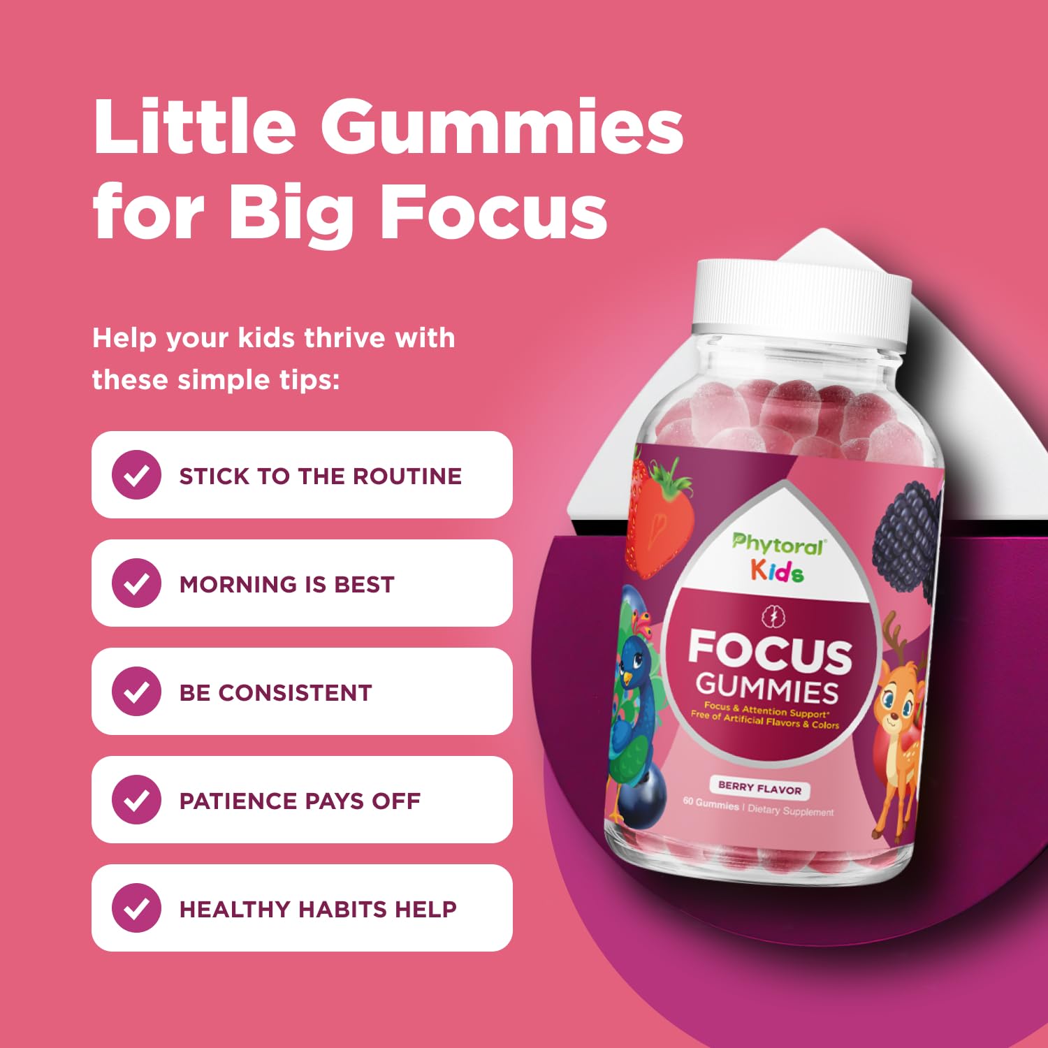 Phytoral Vegan Kids Focus Gummies - Potent Chewable Brain Support for Children - Enhances Concentration & Memory - Calming Supplements & Focus Gummies for Kids - Non-GMO & Gluten-Free - 60 Count PhytoralBuy Supplements Australia