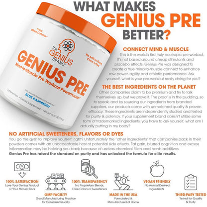 Genius Pre Workout Powder, Blue Raspberry - All-Natural Nootropic Pre-workout & Caffeine The Genius BrandBuy Supplements Australia