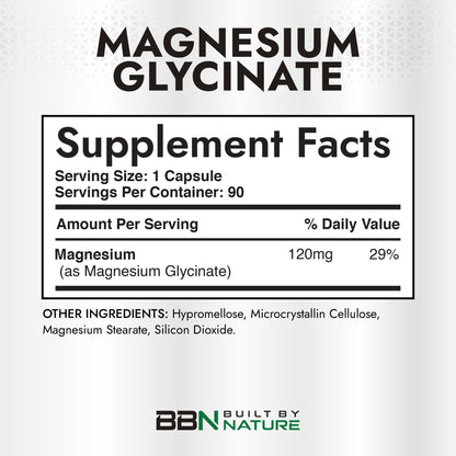 Built By Nature Magnesium Glycinate - Chelated for High Absorption – Supplement to Support Sleep, Muscle, Heart & Nerve Health - 120 mg Magnesium per Serving/Capsule - 90 Capsules Built by NatureBuy Supplements Australia