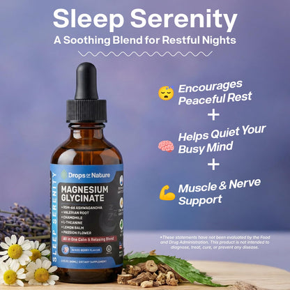 Magnesium Glycinate & Ashwagandha Liquid Drops with Valerian Root, Chamomile, Passion Flower, Lemon Balm & L-Theanine - Vegan Fast Absorption - Supplement for Wellness & Relaxation (Mixed Berry, 60mL) Drops Of NatureBuy Supplements Australia
