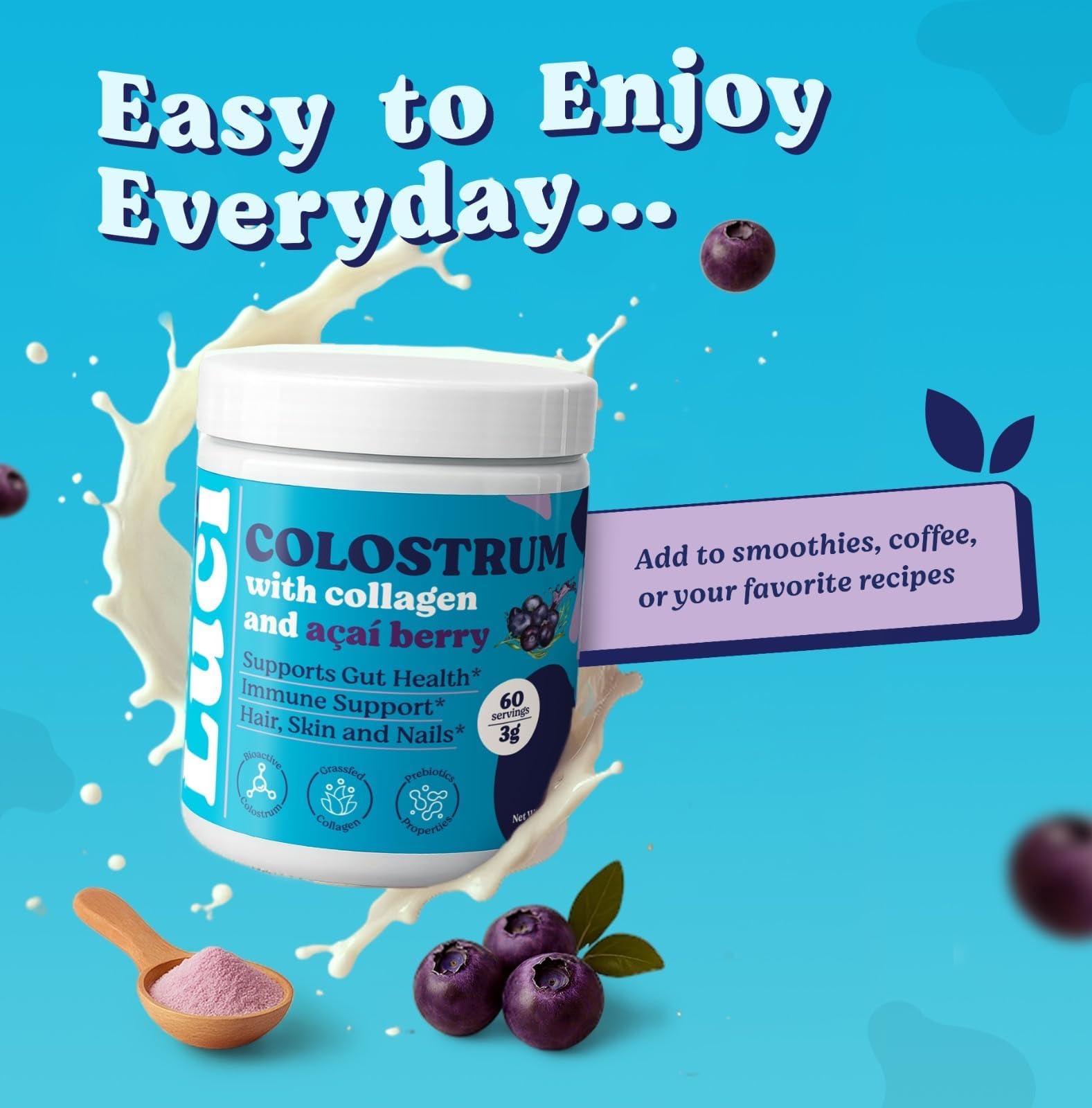 Luci Colostrum Powder 60 Servings, 3 in 1 with Collagen Peptides and Acai, Bovine Colostrum for Gut Health, Bloating, Collagen Protein for Muscle, Skin, Hair, Nails and Immunity, Gluten & Fat Free Luci NutritionBuy Supplements Australia