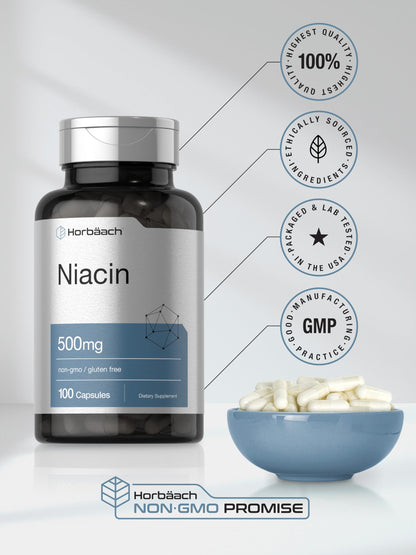 Niacin | Vitamin B3 500mg | 100 Capsules | with Flushing | Non-GMO, and Gluten Free HorbäachBuy Supplements Australia