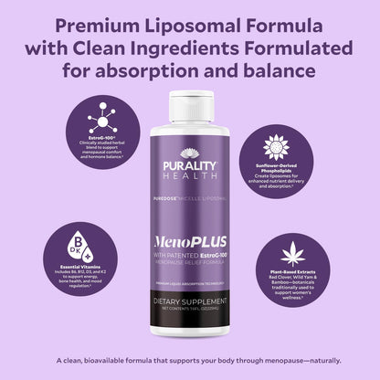 PURALITY HEALTH MenoPLUS Liposomal Menopause Supplement for Women | EstroG-100®, Vitamins D3, B6, B12 & K2 | Iodine | Hormonal Balance & Mood Support PURALITY HEALTHBuy Supplements Australia