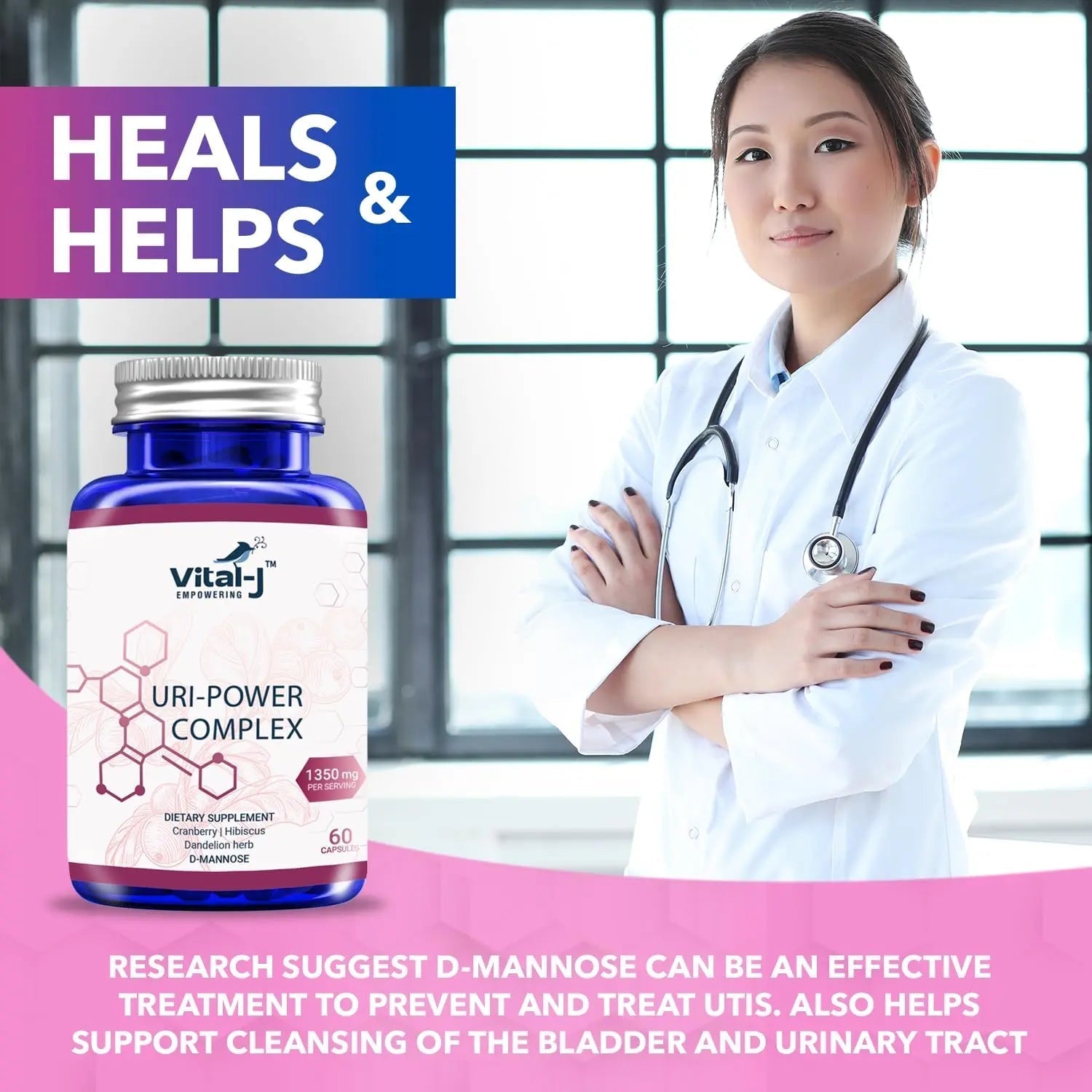 4-IN-1 URI POWER COMPLEX 1350mg - D Mannose, Cranberry, Hibiscus, and Dandelion Herb - Naturally Cleanse the Bladder and Urinary Tract 60 capsules – Specialized Approach for UTI Avoidance Vital-J EmpoweringBuy Supplements Australia