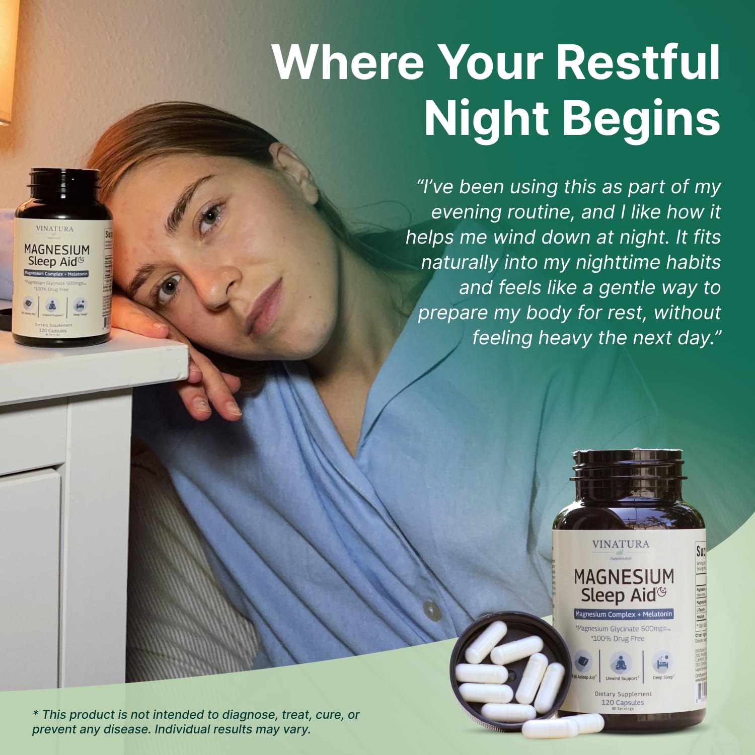 Magnesium Sleep Aid - Magnesium Glycinate Complex for Sleep with Melatonin Supplement - Glycinate 500mg, L-Theanine - 120 Capsules VINATURABuy Supplements Australia