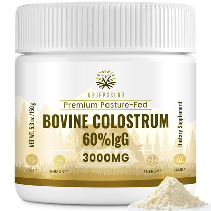 Kroppssund Bovine Colostrum Powder Supplement 3000 mg - Extra High 60% IgG Bovine Colostrum - Gut, Bone, Exercise, Immune - 50 Servings (1 Bottle) KroppssundBuy Supplements Australia