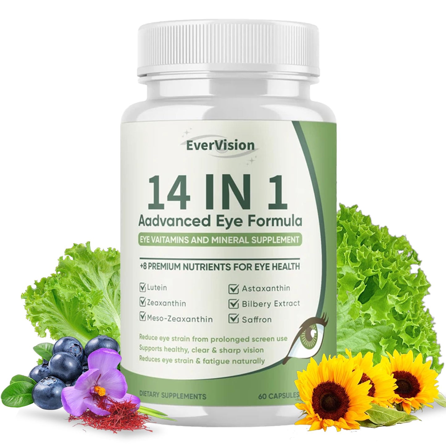EVERVISION 14 in 1 Advanced Eye Formula, Eye Vitamin and Mineral Supplement with Zinc, Lutein, Zeaxanthin & Bilberry Extract, 60ct EVERVISIONBuy Supplements Australia