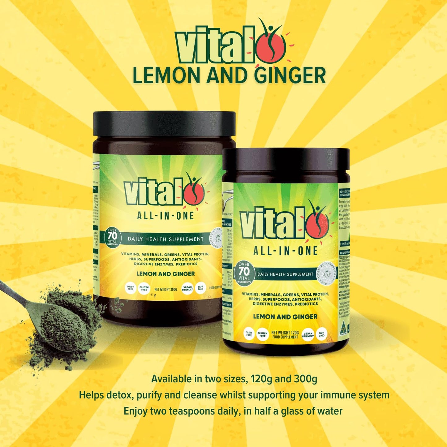 Vital All-in-One Daily Powdered Supplement - Natural Greens Superfood Powder for Energy & Health, Super Greens Powder Drink Mix with Probiotic & Antioxidant Support - Lemon & Ginger, 4.23 oz (120 g) VitalBuy Supplements Australia