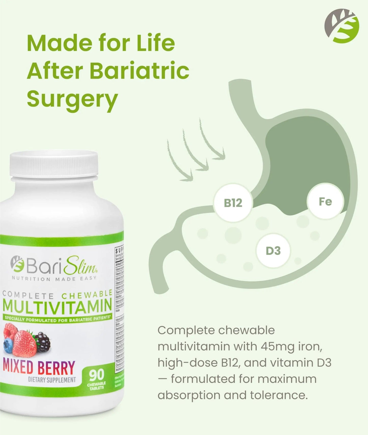 BariSlim Complete Chewable Bariatric Multivitamin Tablets - 45 mg Iron - Bariatric Vitamin & Supplement for Post Bariatric Surgery Including Gastric Bypass BariSlim
