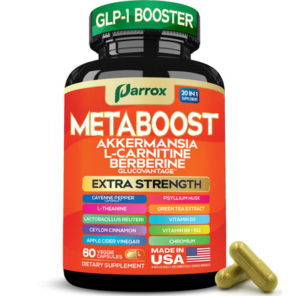 GLP-1 Booster Supplement, Akkermansia, L-Carnitine, Berberine (GlucoVantage), Methylfolate, Methylated B12, Chromium, Capsimax, Psyllium Husk, Probiotics Vitamins D3, B6, 20-in-1 Plant-Based (60 Caps) ParroxBuy Supplements Australia