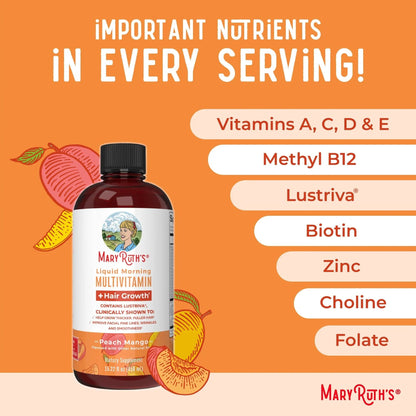MaryRuth's MaryRuth's Liquid Morning Multivitamin +Hair Growth (Peach Mango, 15.22oz) & Iron Liquid (Berry) | Clean Label Project Verified® | MARYRUTH'SBuy Supplements Australia