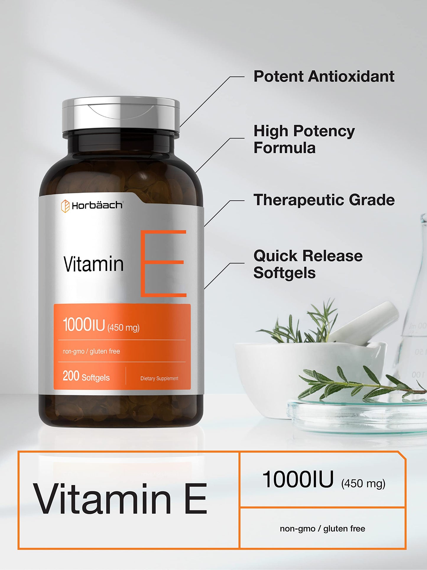 Vitamin E 1000 IU Softgel Capsules | 200 Count | Non-GMO, Gluten Free, Preservative Free HorbäachBuy Supplements Australia