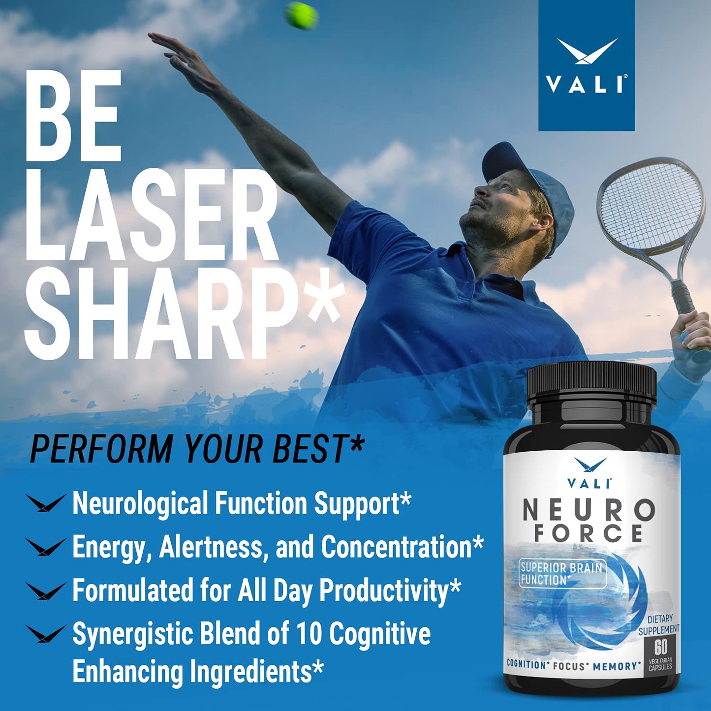 VALI Neuro Force Brain Booster Supplement for Focus, Memory, Clarity & Energy. Extra Strength Nootropic Cognitive Function Support for Mental Performance. with Natural Caffeine. 60 Veggie Capsules VALIBuy Supplements Australia