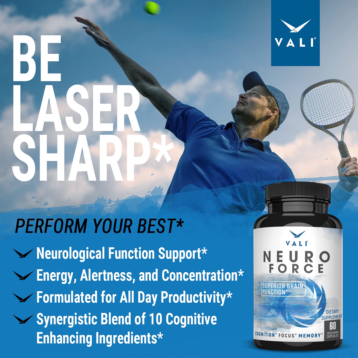 VALI Neuro Force Brain Booster Supplement for Focus, Memory, Clarity & Energy. Extra Strength Nootropic Cognitive Function Support for Mental Performance. with Natural Caffeine. 60 Veggie Capsules VALIBuy Supplements Australia