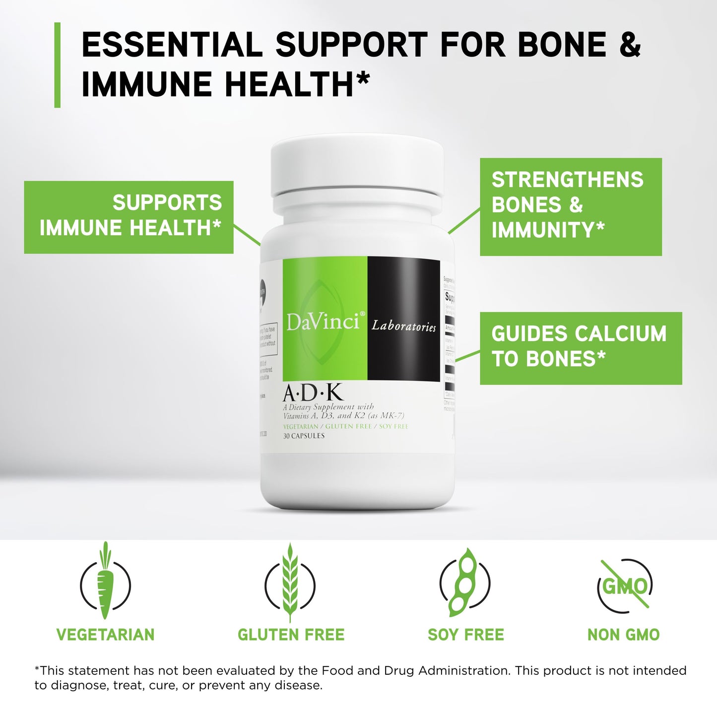 DAVINCI Labs ADK - Helps Support Bone, Heart & Immune Health - Dietary Supplement with Vitamins A, D3 & K2 (as MK-7) - Vegetarian