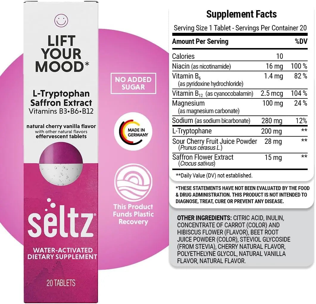 Seltz® Lift Your Mood – Effervescent Vitamins for Mood Support & Energy with L-Tryptophan, Saffron Extract & B Vitamins (B3, B6, B12) SeltzBuy Supplements Australia