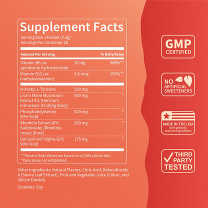 Nello Superfocus Focus Drink Mix – Fruit Punch Flavor – Alpha GPC, Lion’s Mane, Rhodiola & N-Acetyl L-Tyrosine – Sugar-Free, On-the-Go Packets – 20 Servings NelloBuy Supplements Australia