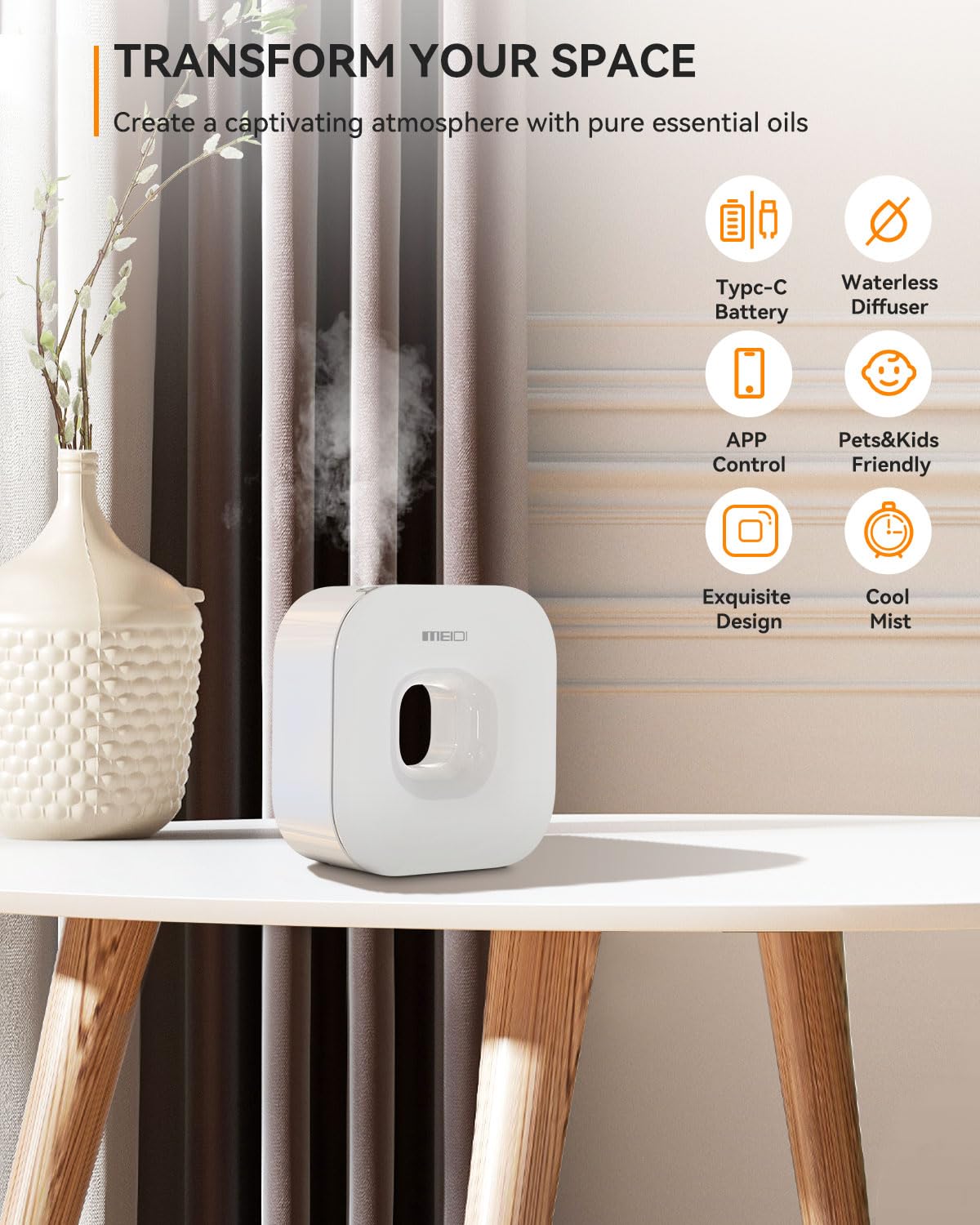 MEIDI Waterless Essential Oil Diffuser - Bluetooth Cordless Aromatherapy Diffuser with App Control MEIDIBuy Supplements Australia