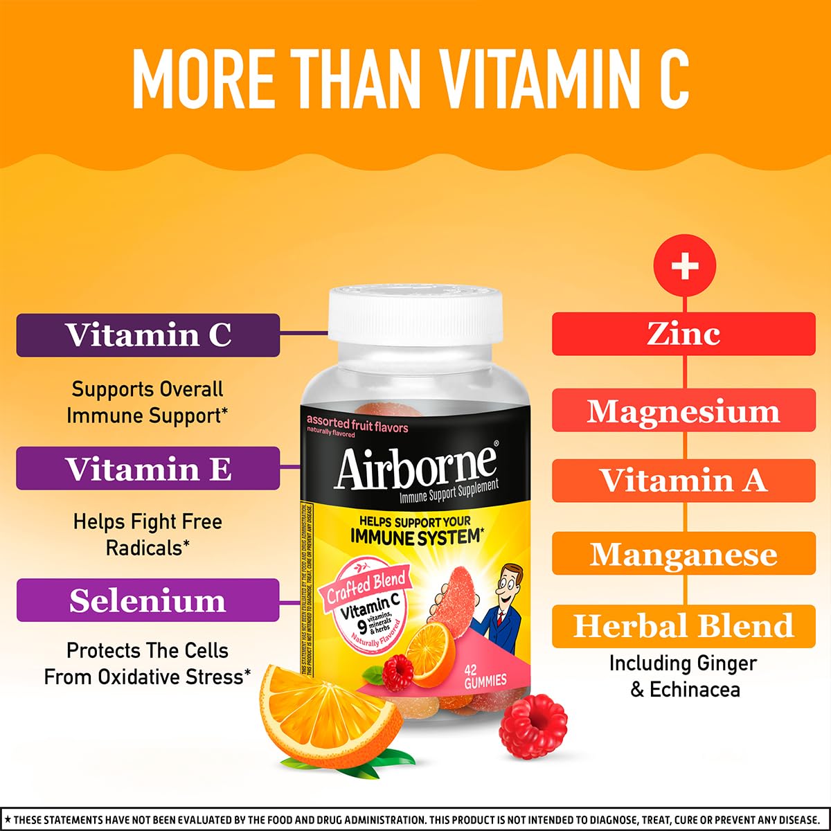Airborne 750mg Vitamin C Immune Support Supplement Gummies for Adults, Assorted Fruit Flavor, Gluten Free Crafted Blend with Powerful Antioxidants Vitamins A C & E, 42 Gummies (2 Pack) AirborneBuy Supplements Australia