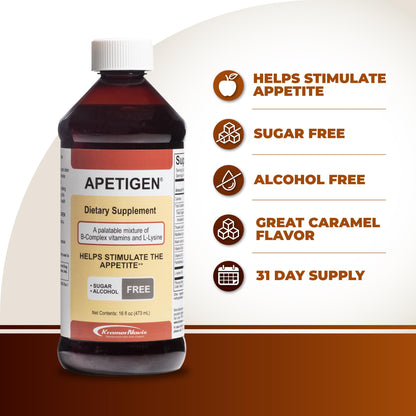 Apetigen Appetite Stimulant for Kids & Adults – Vitamin B-Complex with L-Lysine Liquid – Sugar Free Weight Gain Supplement for Picky Eaters – Caramel Flavor, 16oz ApetigenBuy Supplements Australia