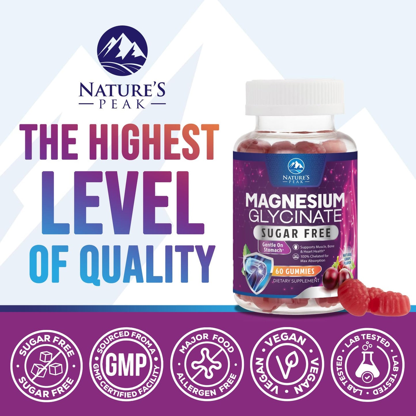 Magnesium Glycinate Gummies - Sugar Free - 100% Chelated Magnesium Gummy Supplement for Max Absorption - for Sleep Support & Heart, Muscle & Bone Health - Gentle on Stomach, Grape Flavor - 60 Gummies Nature's PeakBuy Supplements Australia