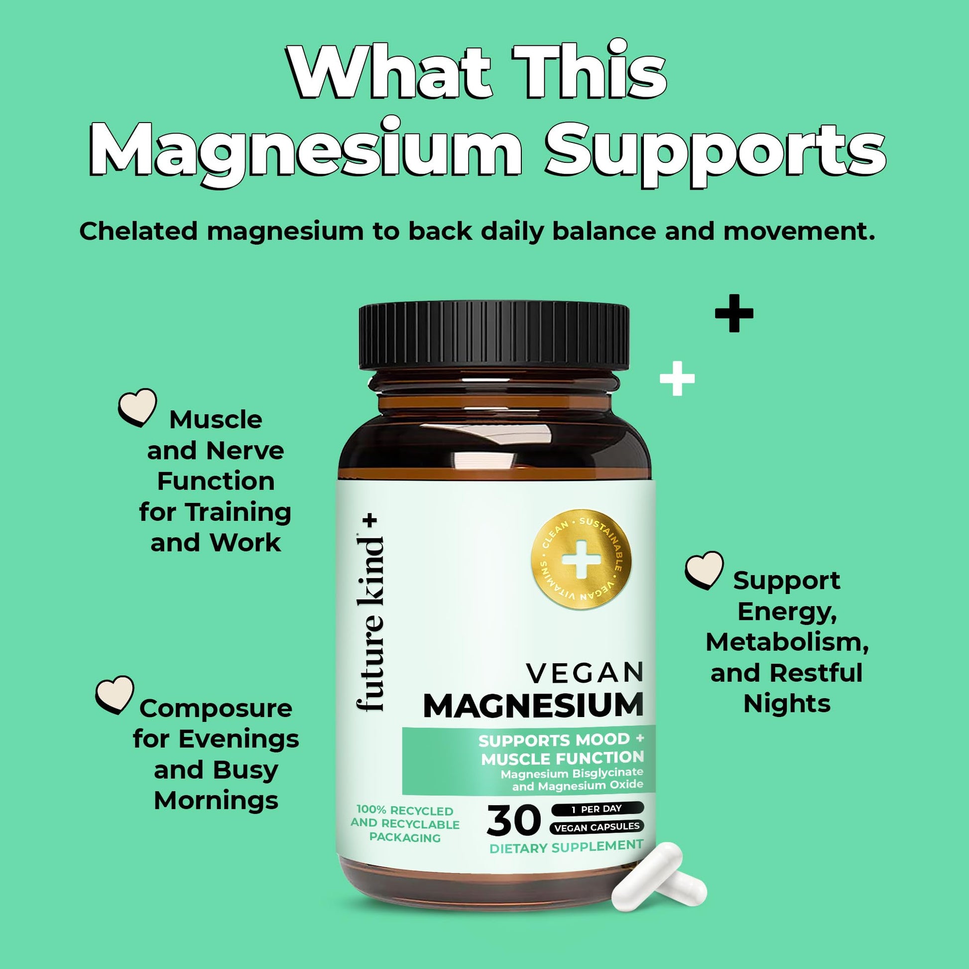 Future Kind Magnesium Glycinate, Supports Muscle and Nerve Function, High Absorption Chelated Magnesium Supplement, Nightly Calm, Energy & Metabolism, Highly Bioavailable & Potent - 30 Vegan Capsules Future KindBuy Supplements Australia