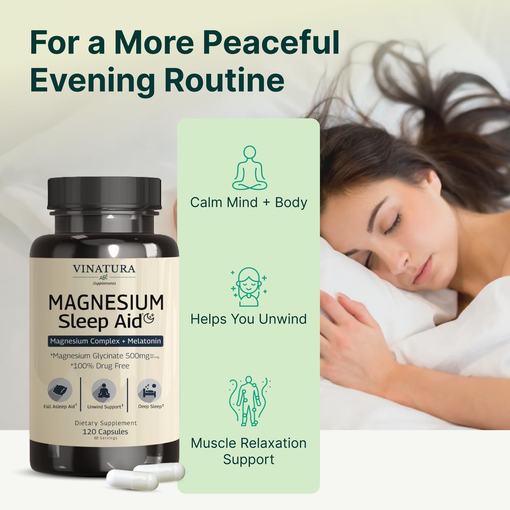 Magnesium Sleep Aid - Magnesium Glycinate Complex for Sleep with Melatonin Supplement - Glycinate 500mg, L-Theanine - 120 Capsules VINATURABuy Supplements Australia