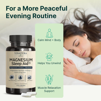 Magnesium Sleep Aid - Magnesium Glycinate Complex for Sleep with Melatonin Supplement - Glycinate 500mg, L-Theanine - 120 Capsules VINATURABuy Supplements Australia