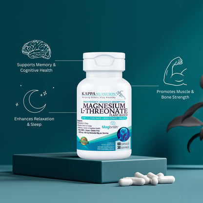 Kappa Nutrition Powered by Magbrain™ Magnesium L-Threonate Plant-Based, 60 Vegan Capsules, 420mg Elemental Magnesium (3 Capsules) from 2,253mg