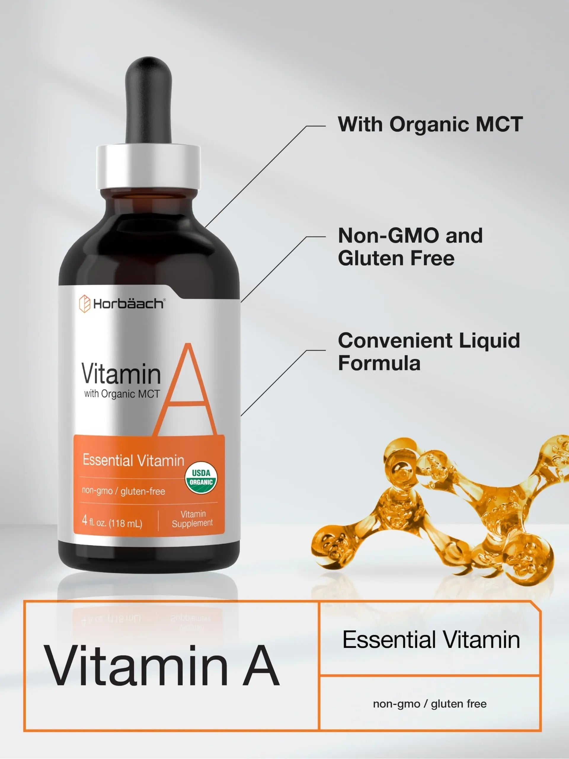 Horbäach Vitamin A Liquid | 4 fl oz | Supplement with Organic Fractionated Coconut Oil | Non-GMO, Gluten Free HorbäachBuy Supplements Australia