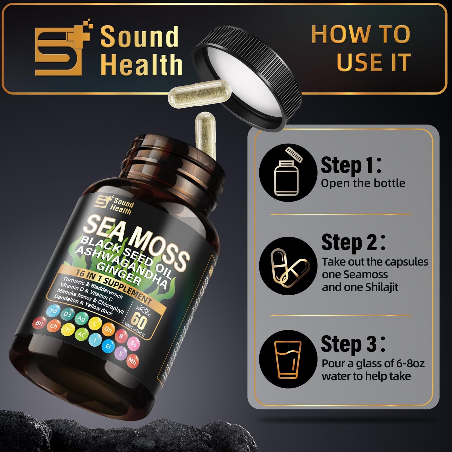 Sea Moss Capsules with Ashwagandha, Turmeric, Bladderwrack, Vitamins C & D for Natural Energy, Sleep Support & Hair Growth, 1200mg Herbal Blend, for Man & Women, Third-Party Tested，16-in-1 Supplement SoundHealthBuy Supplements Australia