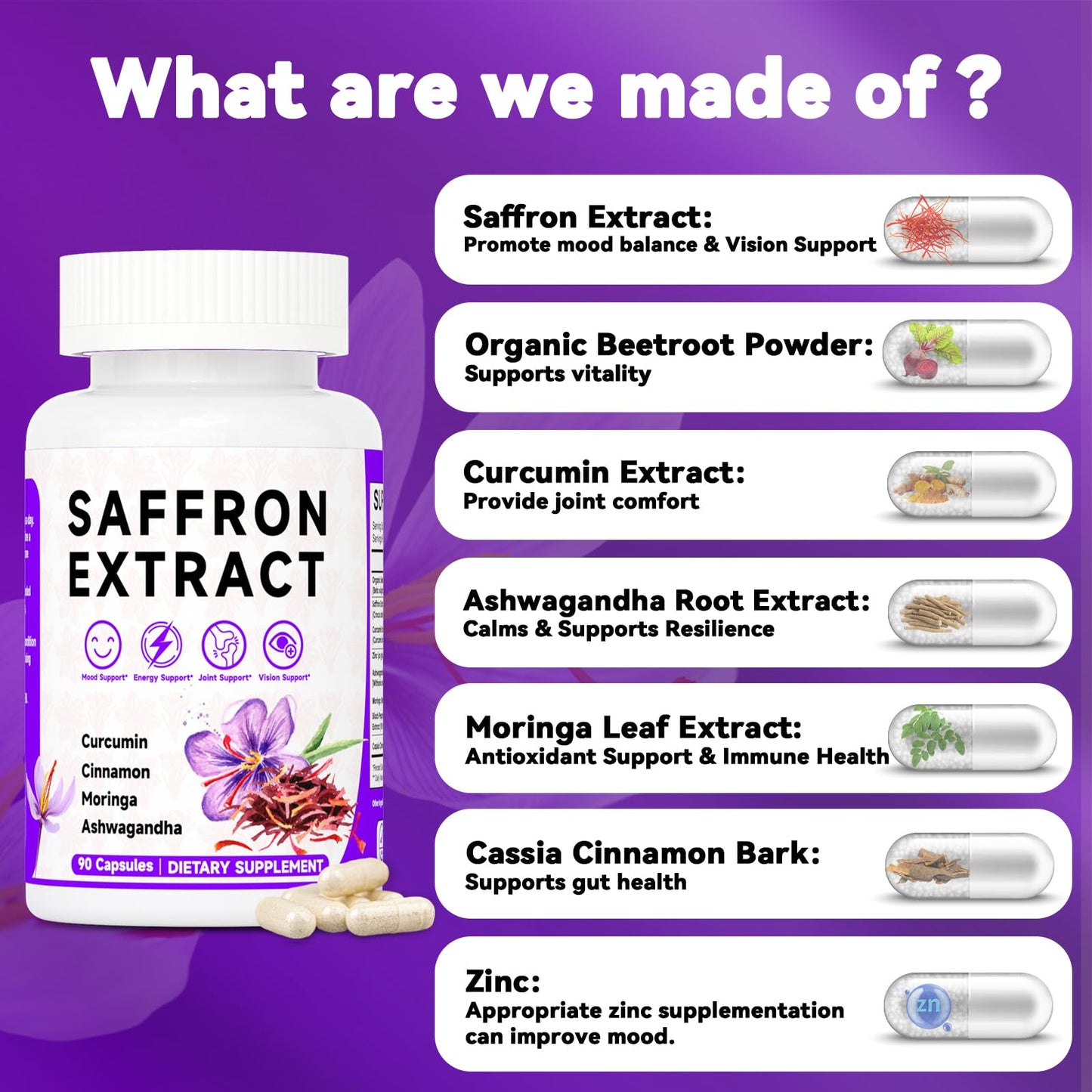 Happy Saffron Supplements, 100mg Saffron Extract, Saffron Blend with Turmeric & Ashwagandha, Supports Mood, Focus, and Energy Boost, 90 Capsules MossllyBuy Supplements Australia