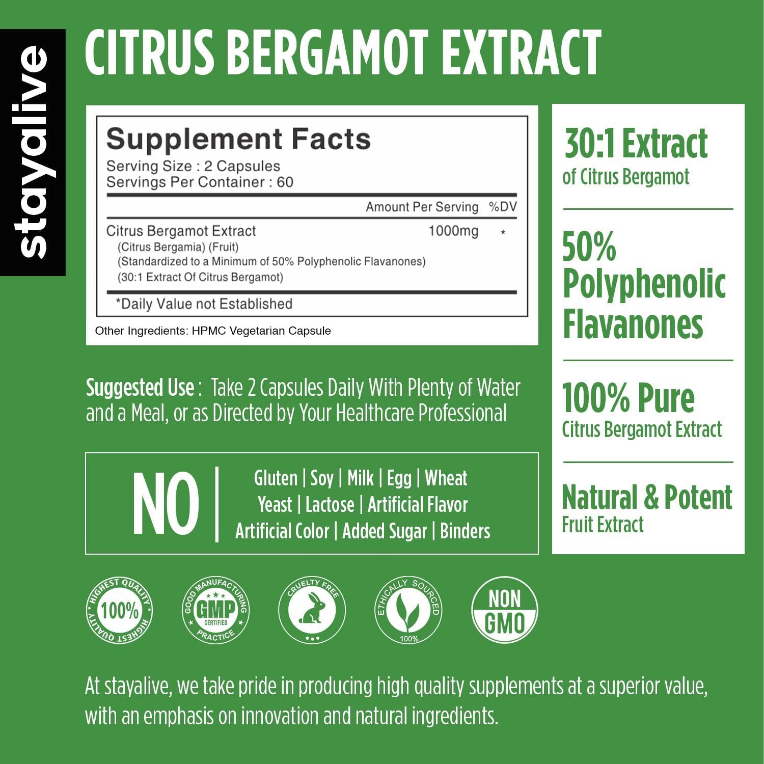 STAY ALIVE Citrus Bergamot Capsules 1000mg, 30:1 Super Extract with 50% Polyphenolic Flavanones, 120 Pills, Citrus Bioflavonoids Supplements for Women & Men | Non-GMO, Gluten-Free STAY ALIVEBuy Supplements Australia